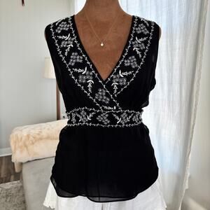 90s Vintage ICE 100% Silk Blouse Floral Embroidered Top Belted Tied Waist M